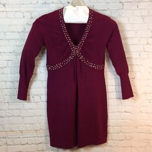 Derek Heart Sweater Dress Long Sleeve Burgundy V Neck Stud Detail 2X
